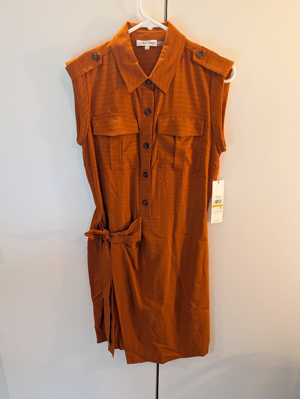 Calvin Klein Small Rust-Orange Sleeveless Shirt Dress with Self-Tie Waist NWT